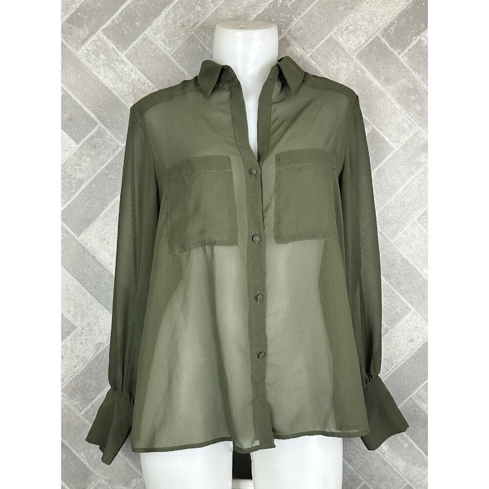 Zara Basic Button Down Shirt Women's Size M Olive Long sleeve Sheer Blouse